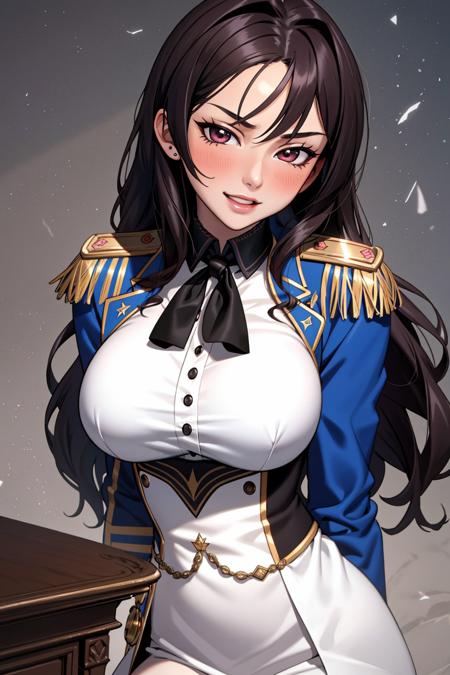 ((Masterpiece, best quality)),edgQuality,smirk,smug,dark hair
edgElegant, 1girl, solo, long hair, breasts, looking at viewer, blush, open mouth, epaulettes,wearing edgElegant
 <lora:edgElegant:1>