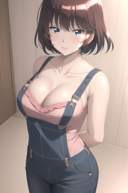 masterpiece, high quality, highres, 1girl, solo,
<lora:Joshiochi-v1-01:1>, ChopioJoshiochi, brown hair, medium hair, blue eyes, (blush, blush lines:1), looking at viewer,
living room, indoors,
standing, medium breasts, cleavage,  seductive smile, seductive pose, (straight-on:1), hands behind back, cowboy shot, summer dress, dungaree,