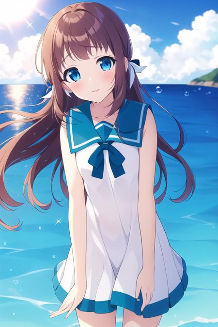 masterpiece, best quality,1girl,solo,loli,mukaido manaka,ruby hair,long hair,blue eyes,white sailor dress,blue sailor collar,blue neck ribbon,hair ribbon,<lora:mukaidomanaka:0.6> ,cowboy shot, sunny,milky way, blurry background, natural light,alpine landscape, a crystal-clear lake, a rustic cabin, and wildflowers in the foreground