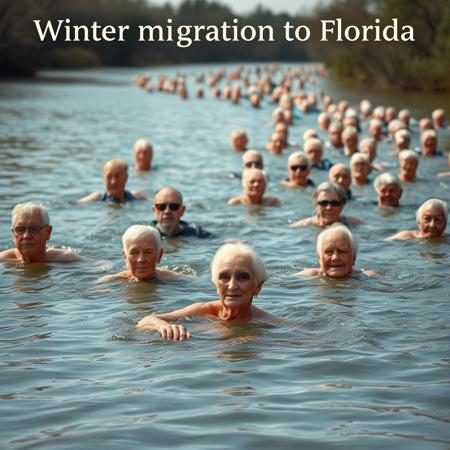 large group of old retired pensioners swimming in a river, nature documentary photograph about the winter to summer migration of old people, with text title that reads "Winter migration to Florida"