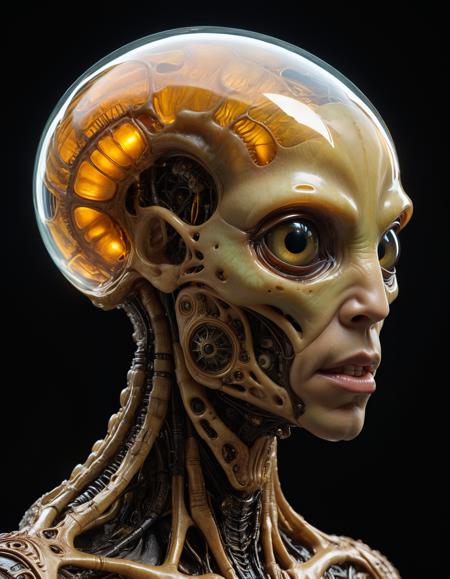 profile view, side view, hyper realistic photograph of  a bizarre biomorphic alien creature with a huge transparent forehead revealing the luminous alien brain structure,  extremely clear glowing eyes, by Petros Afshar and John Atkinson Grimshaw, (intricate , iconic , masterful:1.4), medium full shot, poster art, bold lines, hyper detailed, expressive,  award winning,  dark limited color palette, high contrast, depth of field, (intricate details, masterpiece, best quality:1.4),
spot lighting, looking at viewer, dynamic pose, wide angle view,
<lora:add-detail-xl:1> <lora:xl_more_art-full_v1:0.5>  <lora:NicolaSamori:0.5> in the style of nicola samori <lora:looking_at_viewer:2>
