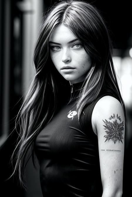 beautiful woman (EPSydn3yM3lm4n:.99): ominous, beautiful, ((with tattoos:1.1)), hyperrealistic, by greg rutkowski, yoshitaka amano, ilya kuvshinov, Retina display, (black and white:1.2),((monochrome)), Canon50,"In Jernau we trust",