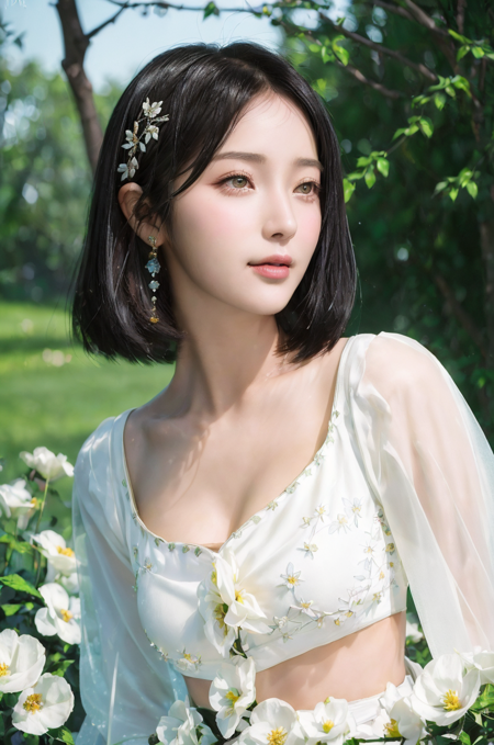 best quality, masterpiece, (photorealistic:1.4),
1girl,short hair, princess, black hair, 
Floral motifs, luminous skin, enchanting gaze, embellished attire, natural lighting,  shallow depth of field, romantic setting, dreamy pastel palette, whimsical details, captured on film, <lora:Sohee-02:1>