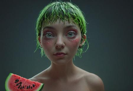 A technicolor 3d stereoscopic photograph,A female watermelon-human hybrid with embedded electronics, cartoon eyes, cinematic still, dramatic Moody cinematic lighting,