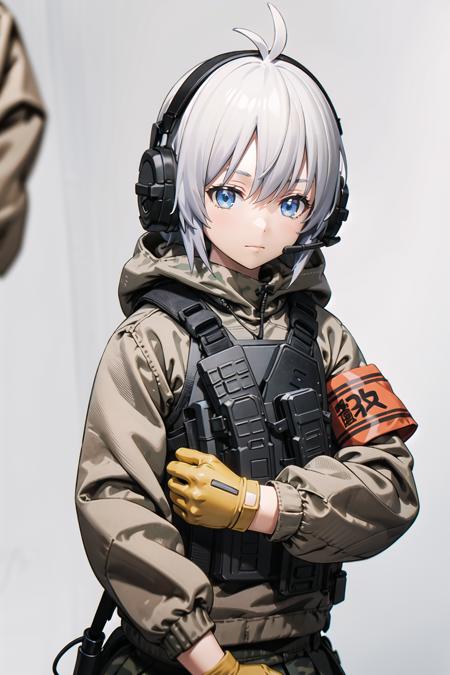 hasuki,gloves,antenna hair,grey hair,headset,armband,load bearing vest,headphones,boots,skirt,blue eyes,camouflage,knee pads,shorts,hood,uniform