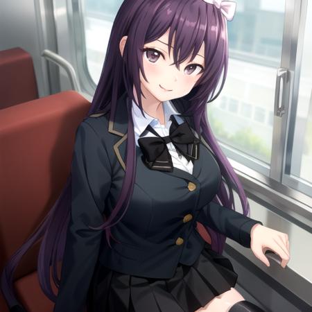 ((masterpiece)),(best quality),official art,extremely detailed CG,unity 8k wallpaper,ultra detailed,train interior,1girl,solo,upper body,looking at viewer,very long hair,hair between eyes,large breasts,white shirt,collared shirt,dress shirt,black skirt,miniskirt,pleated skirt,zettai ryouiki,smile,black jacket,school uniform,purple hair,hairband,brown eyes,hair bow,black bow,black bowtie,black thighhighs,loafers,long sleeves,bangs,<lora:Amase Manami(cur)>,