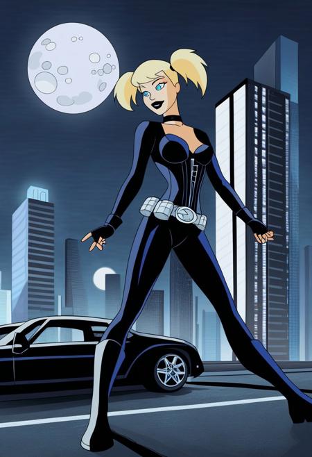 masterpiece, best quality, amazing quality, very aesthetic, high resolution, ultra-detailed, absurdres, Harleybtas, 1girl, solo, twintails, short hair, blonde hair, blue eyes, choker, black lips, medium breasts, bodysuit, corset, fingerless gloves, boots, belt, strap, utility belt, city, night, moon, cloud, building, skyscraper, ground vehicle, motor vehicle, black car, batmobile,