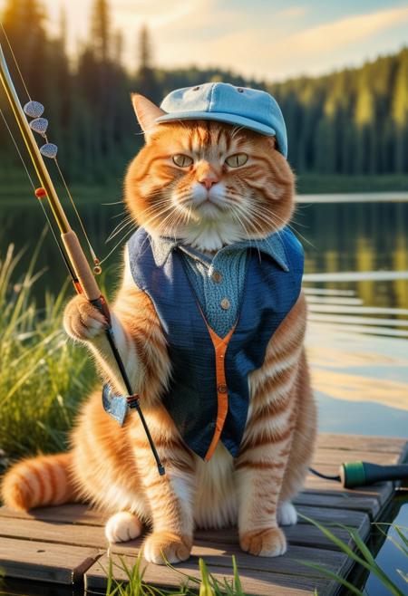 anthropomorphic Fat chubby ginger cat wearing a vest and cap, sitting on a grassy lake shore, holding a fishing rod, serene blue water reflecting the sunlight, gentle ripples in the lake, peaceful forest background, soft golden hour lighting, highly detailed, whimsical style dynamic angle, warm hues, realistic, photorealism, hd, 8k, high definition, BREAK, score_9, score_8_up, score_7_up, score_6_up