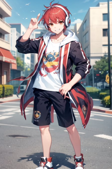 <lora:JinKaien-10:0.745> , jingc, solo, looking at viewer, smile, short hair,  shirt, long sleeves, 1boy, standing, jacket, full body, white shirt, male focus, red hair, open clothes, shoes, shorts, hood, grin, open jacket, orange eyes, hand on hip, headphones, white jacket, sneakers, clenched hand