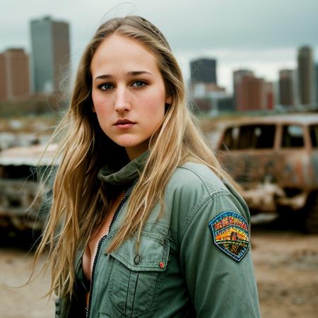 RAW photo, a close up portrait photo of leelee sobieski in wastelander clothes, long haircut, pale skin, slim body, background is city ruins, (high detailed skin:1.2), 8k uhd, dslr, soft lighting, high quality, film grain, Fujifilm XT3 <lora:leelee sobieski v1.0:0.7>