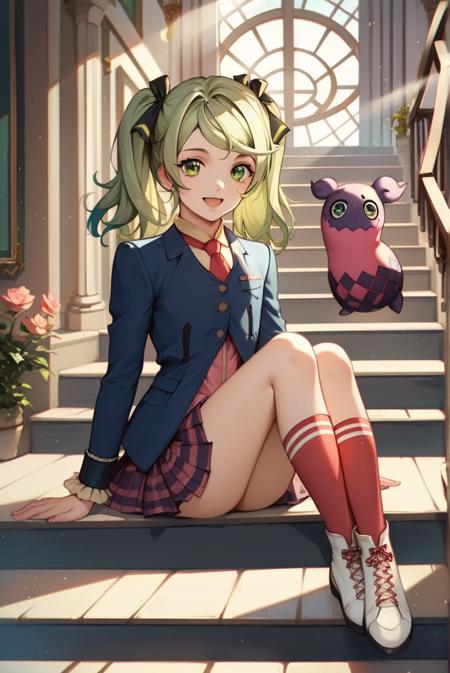 elize lutus, light green hair, green eyes, twintails, hair ribbon, red tie, navy blazer, pleated skirt, plaid skirt, frilled cuffs, pink dress, 