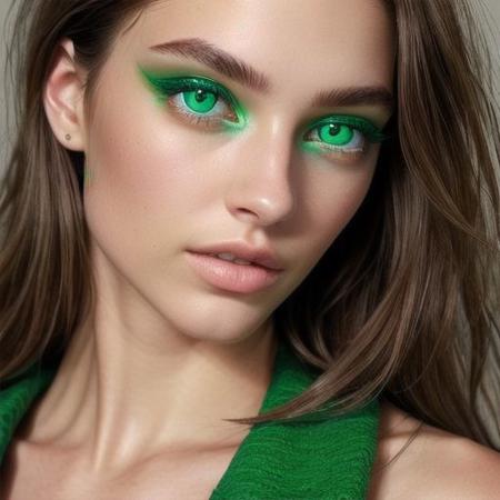 A fashion editorial of a brunette model with MULTIPLE green eyes. Photo-realistic, fine detail.
