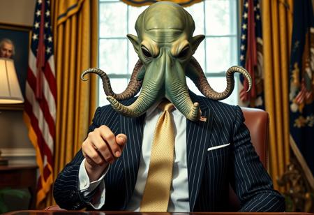 president cthulu in a sharp pin striped suit posing for presidential portrait in the oval office, real photograph, signing bill, empty eyes, lovecraftian, vote for cthulu photorealistic, correct hands, correct fingers, seal of the president of the united states, ad to vote, republican