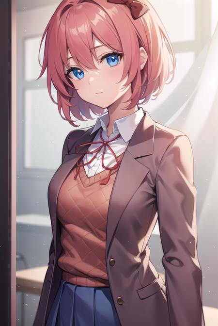 ddlcsayori, <lora:ddlcsayoritest:1>,
ddlcsayori, blue eyes, hair between eyes, hair bow, hair ornament, pink hair, red bow, short hair,
BREAK blue skirt, pleated skirt, school uniform, skirt, brown jacket, jacket,
BREAK looking at viewer,
BREAK indoors, classroom,
BREAK <lora:GoodHands-vanilla:1>, (masterpiece:1.2), best quality, high resolution, unity 8k wallpaper, (illustration:0.8), (beautiful detailed eyes:1.6), extremely detailed face, perfect lighting, extremely detailed CG, (perfect hands, perfect anatomy),