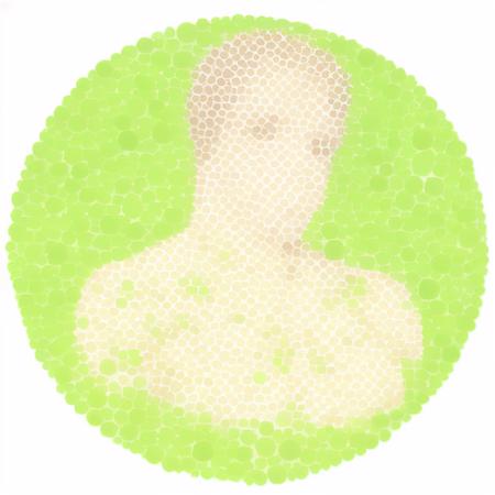 image of a man, big breast, nude, c0b1 <lora:c0b1-000041:1> green theme, simple background, dots, halftone