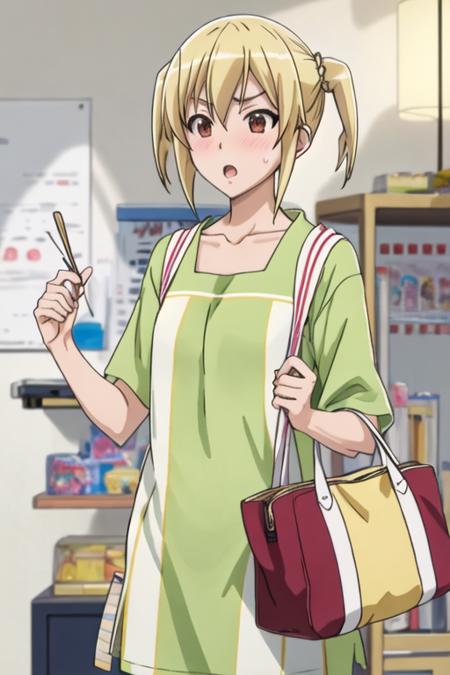 best quality, masterpiece, highres, solo, {otosuna_mihari_mangakasantoassistantsanto:1.15}, blonde_hair, short_hair, open_mouth, brown_eyes, red_eyes, 1girl, green_shirt, shirt, anime_coloring, blush, sweatdrop, collarbone