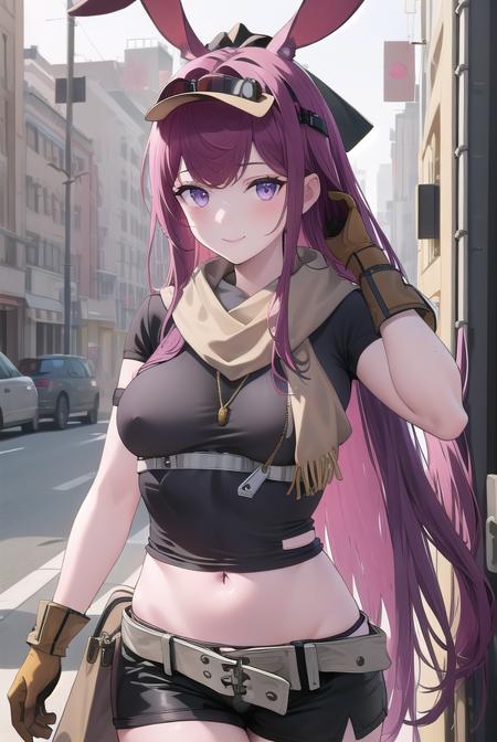 ((masterpiece)),(best quality),official art,extremely detailed CG,unity 8k wallpaper,ultra detailed,beautiful detailed eyes,extremely detailed face,1girl,solo,upper body,(portrait:1.2),looking at viewer,smile,ray (arknights),official alternate costume,animal ears,rabbit ears,visor cap,goggles on head,very long hair,purple hair,hair intakes,bangs,purple eyes,grey scarf,crop top,midriff,short sleeves,large breasts,brown gloves,navel,groin,white belt,black shorts,black pantyhose,bag,black footwear,boots,<lora:ray(ark):1>,