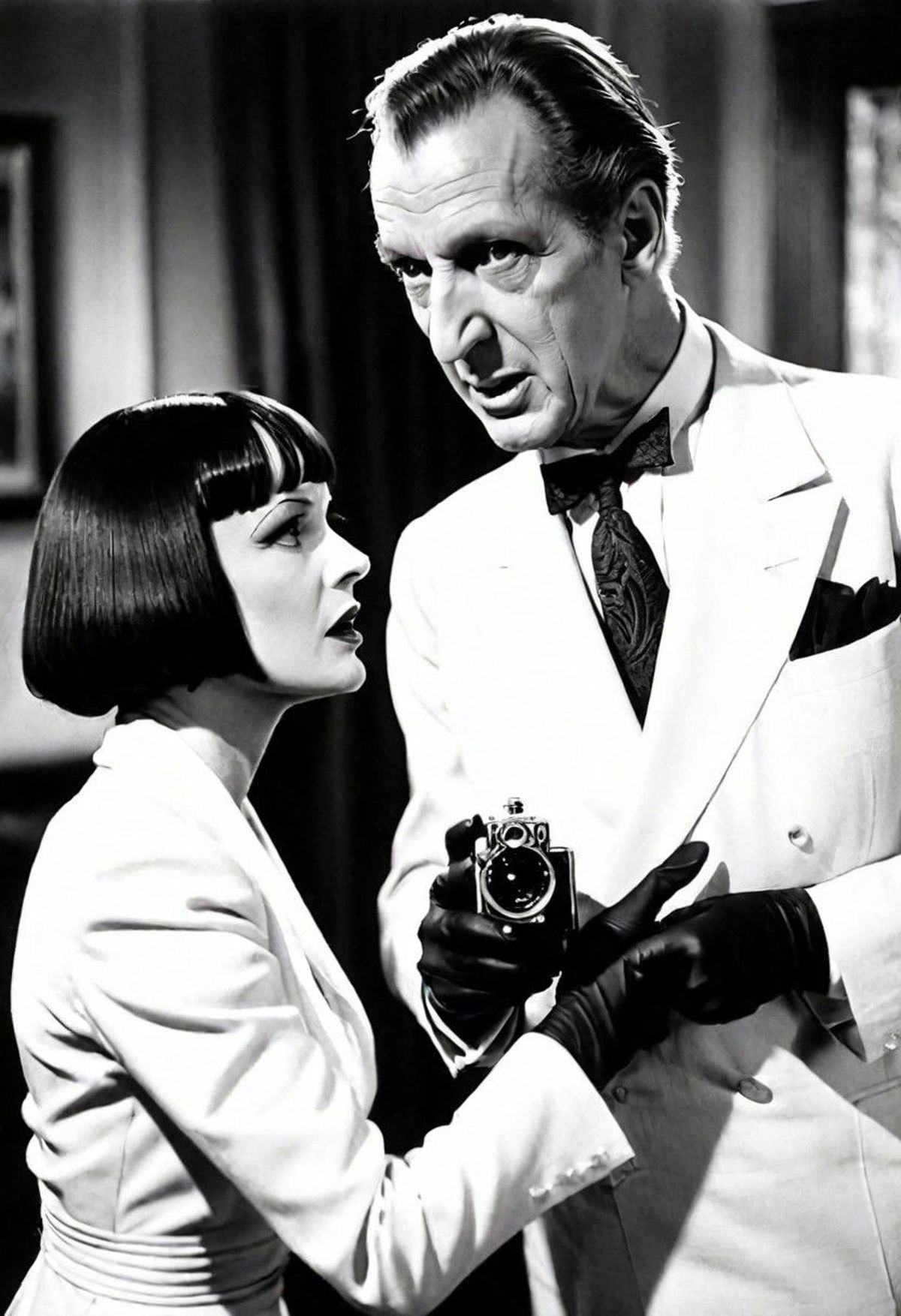 A man and woman dressed in black and white clothing, with the man holding a camera.