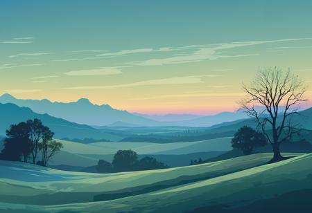 Digital drawing in the style of multicolored landscapes, romantic scenery, soft gradients, gothic illustration, olive green and sky blue