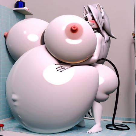 Bathroom, gigantic belly, hands on belly, hose leading into butt from air pump on ground, huge Belly press on mirror, ((masterpiece,best quality)),best res,(huge breasts:1.3),good anatomy,(sexy:1.3),very cute face,hot,blushing,female,smiling,standing,from the front, loona, completely nude,very detailed,4k,inflatable, shower,