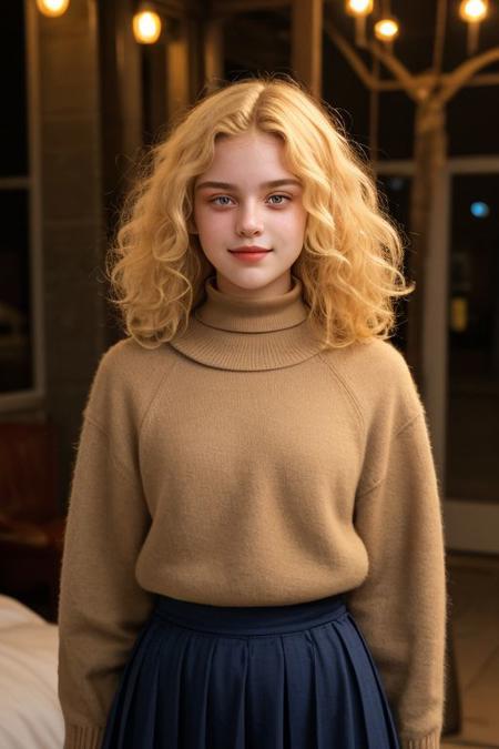 1girl, upper body, 18yearsyoung, polish, slavic half-angloirish, identical iris, curly blonde hair, pale skin, (Greeneyes 1:1), curvy, plump, bbw, chubby, fat, fatface, puffy lips, slightfrown, big nose, thinupperlip, hugetits, drooping breasts(1:1), massivebreasts(1:1), busty(1:1), exposed breasts, wide nose, cleavage (2:1), torso, mommy milkers, wide mouth, eyes apart wide, slightlyhomely, upper body, waste up, cute model, Long thick Maxi Skirt, swept back hair, alluring smile, bedroom, perfect eyes, highly detailed beautiful expressive eyes, detailed eyes, 35mm photograph, film, bokeh, professional, 4k, highly detailed dynamic lighting, photorealistic, 8k, raw, rich, intricate details, identical pupils, looking forward, arms behind back, choker, collar,, naturalbreasts