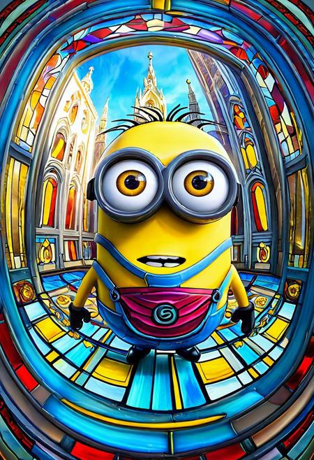 Stained glass illustration:2, ((novuschroma54 style)), A Minion looking at the viewer, selfie, arms out:2, smiling, open O mouth, MinionStyle, ultra-wide angle, 4mm fisheye, f1sh3y3