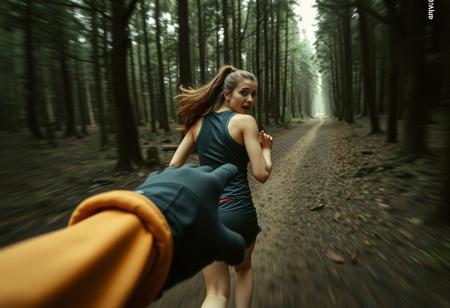 a photograph, found footage style, subject is a woman wearing running clothes running through a dark forest, seen from the point of view of someone chasing her, looking back over her shoulder at the viewer with a panicked and fearful expression, motion blur focus on a subject, close up view, viewer POV a gloved hand reaching for the woman, 1/25 s, f/2.8, 6400 ISO, 35mm film