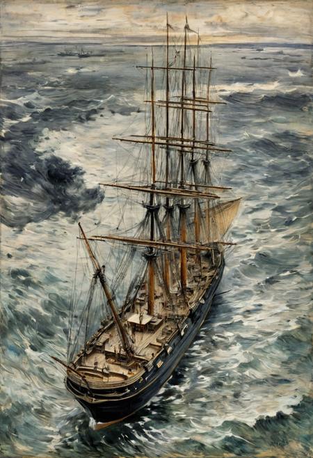 18th century, Style of Giovanni Boldini, comics pencil, impressionist painting by Berthe Morisot, top view, Bird's-Eye View, view from above, tall ship, dark storm
