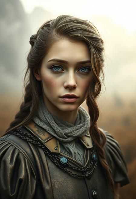 Dreamy cinematic portrait, cast bronze surface with antique patina finish. Soft light, hazy atmosphere, surreal realism. Muted color palette, soft lighting, pastoral landscapes and futuristic elements blend. Historical fantasy setting.