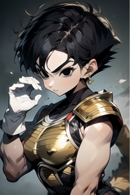 fasha, saiyan armor, white gloves, tail,Fasha, short hair, black hair, (black eyes:1.4), saiyan armor, 1tail, monkey tail, ,fellatio gesture