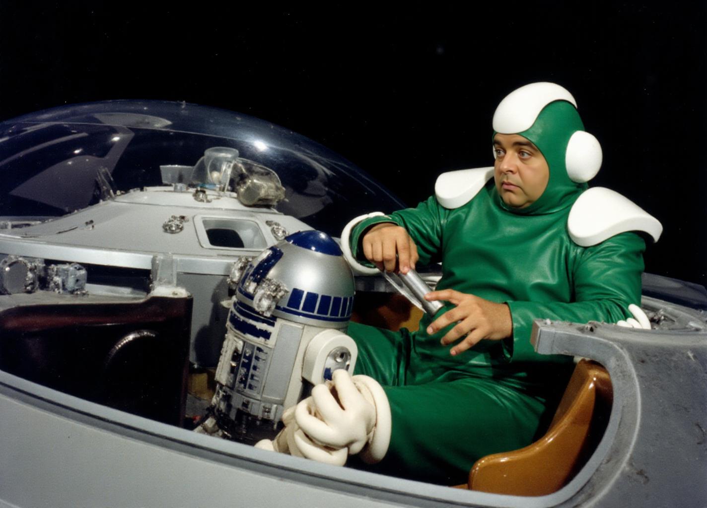 A man with green and white bodysuit. He is piloting a tiefighter with R2D2 in starwars. Deathstar in the background <lora:LaDenrée:0.9>