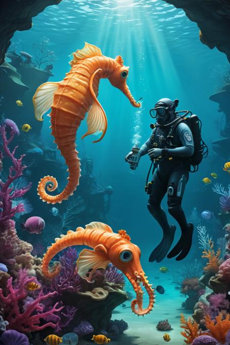 A whimsical illustration of a secret underwater laboratory where marine biologists in scuba gear conduct experiments on giggling, anthropomorphic seahorses, while a giant squid observes from the shadows.