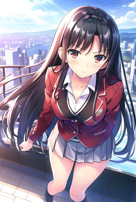 masterpiece, 1girl, horikita, black hair, small breasts, standing, from above, looking ahead, backlighting, (red jacket), black shoes, outdoors, cinematic, dramatic lighting, facing viewer, contrapposto, dynamic angle, (foreshortening:1.2), (from above:1.3), from front, arms on side, full body, floating hair,  skirt, serious, frown, hands in pocket, hands on pocket, ((at the city))