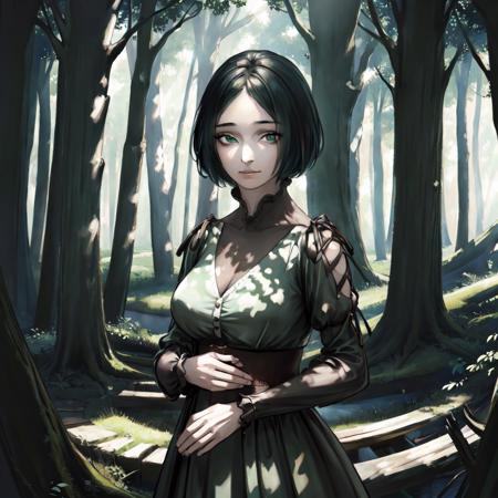 (masterpiece:1.2), best quality, {Masterpiece}, High Quality, best quality, ultra detailed, absurdres, highres, original, extremely detailed wallpaper, 8K, (best illustration), (best shadow), <lora:Giselle1:0.9>, 1girl,  short hair,  ,  beautiful sunlight, dark forest, close, green eyes, normal dress, night