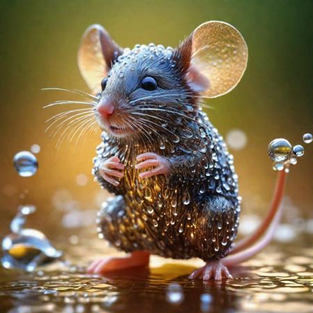 Creative image generation of a cute mouse made of water drops ,beautiful:1.4), (intricate details, masterpiece, best quality:1.4),dynamic pose