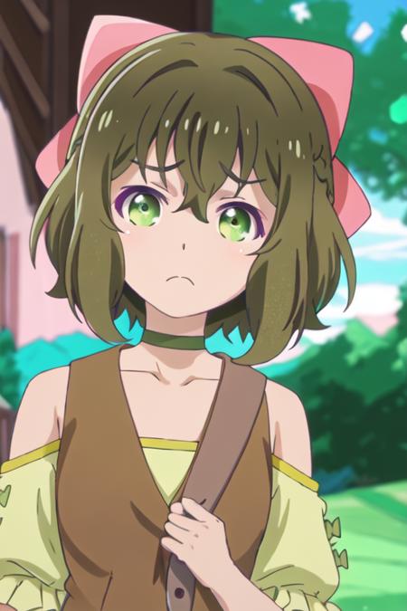 fina_kumakumakumabear bow, hair_bow, bangs, green_eyes, short_hair, brown_hair, hair_between_eyes, pink_bow, green_hair, collarbone