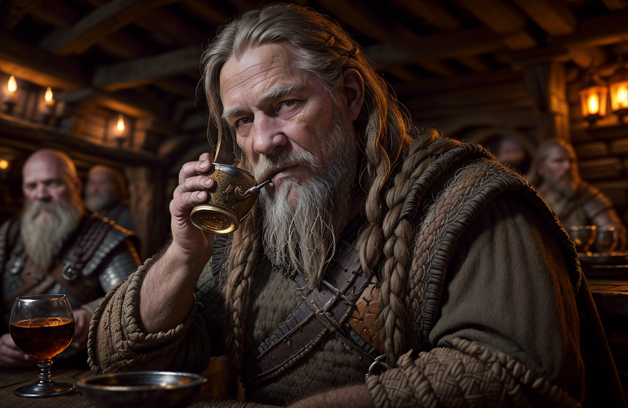 award winning portrait photo of an old viking man drinking in a medieval tavern, Style-Boozing, grim, death, (backlighting...