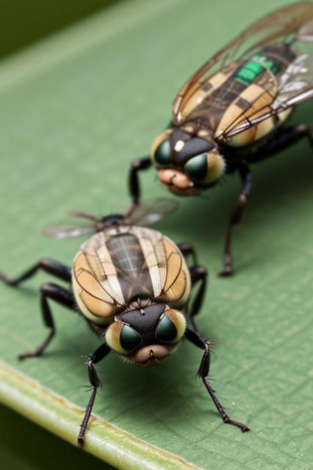 A giant humanoid fly, drinking coffee, tiny human insects flying around