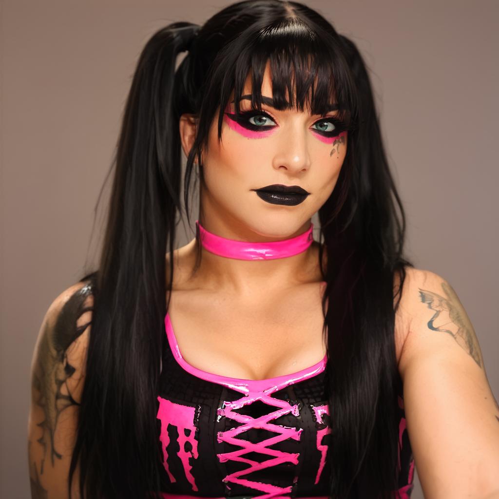 sacore_9, masterpiece, score_8, best quality, <lora:Pony_Tatum_Paxley:1>, t@tump@x, 1girl, solo, black hair, tattoo, makeup, long hair, twintails, choker, lipstick, bangs, black lips,  arm tattoo,  wrestling outfit,pink wrestling outfit, upper body, realistic, looking at viewer, closed mouth