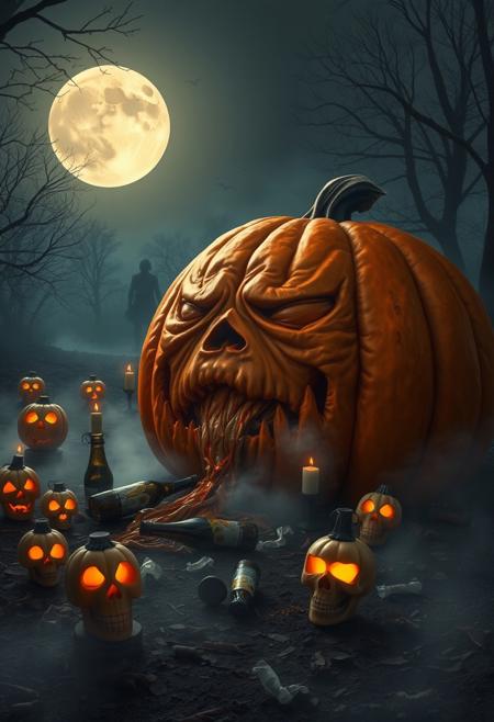 Enormous orange pumpkin with a tired, worn-out expression, sitting on the ground as it vomits its own pumpkin guts. Empty beer bottles scattered around, as if it just had a long night of drinking. Surrounding the pumpkin are spooky Halloween elements: glowing jack-o’-lanterns, eerie fog creeping along the ground, flickering candles inside skull-shaped lanterns, and a few scattered candy wrappers. A full moon casts a dim light over the scene, with creepy shadows from nearby trees and faint ghostly figures in the distance, enhancing the eerie Halloween vibe