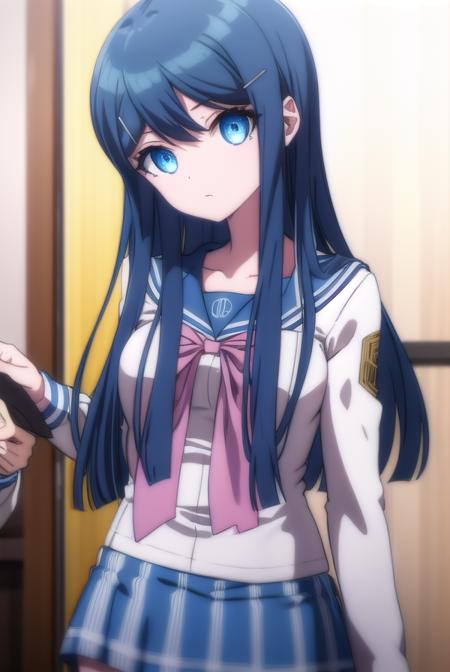 sayakamaizono, <lora:sayaka maizono s1-lora-nochekaiser:1>,
sayaka maizono, long hair, bangs, blue eyes, hair ornament, blue hair, hairclip,
BREAK long sleeves, bow, school uniform, collarbone, serafuku, bowtie, sailor collar, pink bow,
BREAK indoors, classroom,
BREAK looking at viewer, (cowboy shot:1.5),
BREAK <lyco:GoodHands-beta2:1>, (masterpiece:1.2), best quality, high resolution, unity 8k wallpaper, (illustration:0.8), (beautiful detailed eyes:1.6), extremely detailed face, perfect lighting, extremely detailed CG, (perfect hands, perfect anatomy),