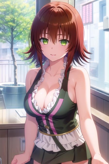 ryoukomikado, <lora:ryouko mikado darkness-lora-nochekaiser:1>,
ryouko mikado, short hair, hair between eyes, (green eyes:1.5), red hair, hair intakes, smile,
BREAK skirt, shirt, thighhighs, cleavage, frills, sleeveless, black skirt, sleeveless shirt, pink shirt, frilled shirt,
BREAK indoors, classroom,
BREAK looking at viewer, (cowboy shot:1.5),
BREAK <lyco:GoodHands-beta2:1>, (masterpiece:1.2), best quality, high resolution, unity 8k wallpaper, (illustration:0.8), (beautiful detailed eyes:1.6), extremely detailed face, perfect lighting, extremely detailed CG, (perfect hands, perfect anatomy),