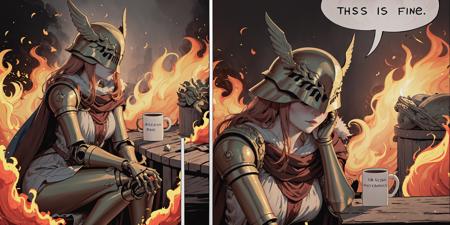 Highly detailed, High Quality, Masterpiece, beautiful, IncrsThisIsFineMeme, <lora:ThisIsFineMeme:1.2>, 1girl, fire, mug, Malenia, prothestic leg, single mechanical arm, prosthesis, armor, cape, helmet, brown dress, <lora:Char_EldenRing_Malenia:1>