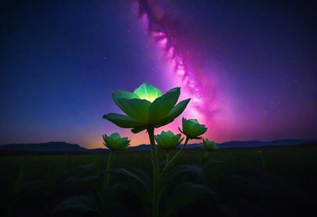 rp_slgd, flower, dramatic light, night, milky way, star sky, glowing, aurora, trippy,