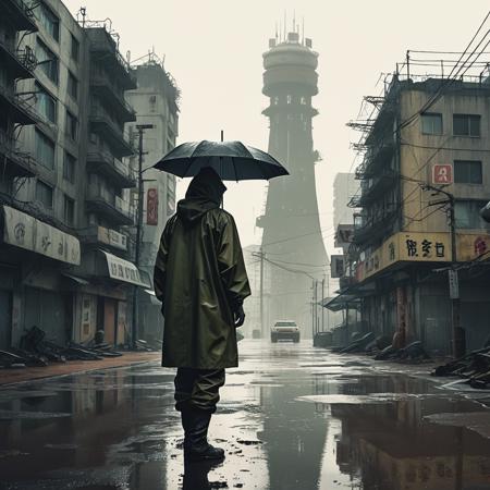 "Lone man in a nuclear storm, (man wearing raincoat with hood up, holding umbrella, standing alone:1.2), Post-Apocalyptic style, abandoned cityscape in the background, muted colors, gritty textures, by hideo kojima and takashi miyazaki, hd, artstation"