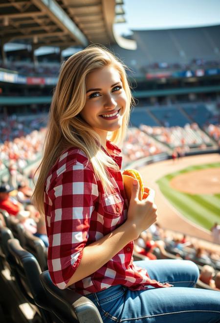 RAW realistic Photo of a stunningly beautiful blonde sitting in the stands of a baseball game on a sunny afternoon. She is wearing a red plaid shirt and blue jeans.   She smiles at the viewer as she eats a hot dog, mustard dripping down onto her shirt. Viewed from the side. The stadium is full of fans. the baseball game is visible in the background.