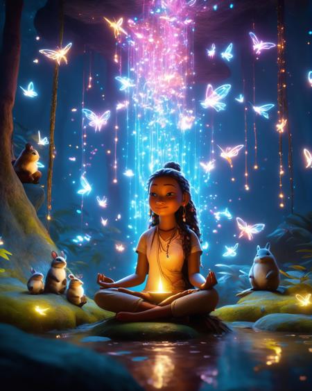 A full body portrait of Kena girl meditates surrounded by cute creatures in a magic forest, fireflies, volumetric light, high quality, 8k, oil painting, heavy strokes, paint dripping, unreal engine 5, RTX, ray tracing, high contrast