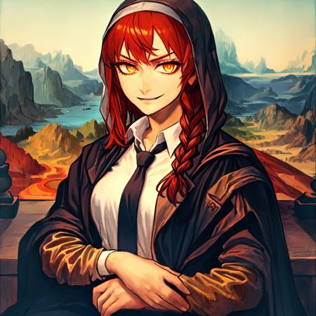 a\(Mona Lisa\), 1girl, solo, red hair, long braided hair, golden eyes, bangs, medium breasts, (white shirt:1.5, necktie:1.5), (evil:1.6),