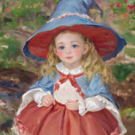 <lora:sar:0.6> srs masterpiece best quality ultra-detailed finely detail highres ((little female child)) two side up long blonde hair red ribbon white blouse red skirt lace-trimmed embroidery frilled long sleeves blue eyes embarrassed blush outdoors fantasy witch witch's hat and cape