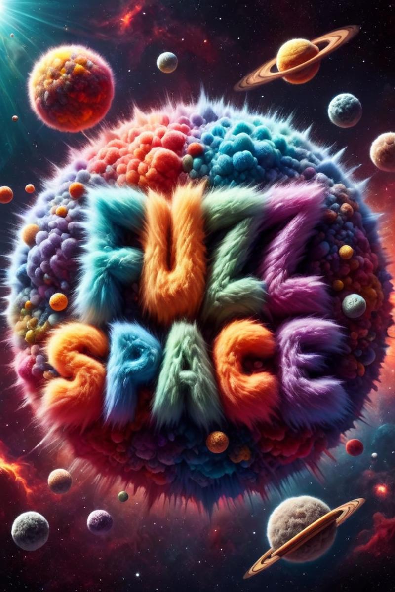 Colorful Fuzz Space Sculpture with Letters and Planets